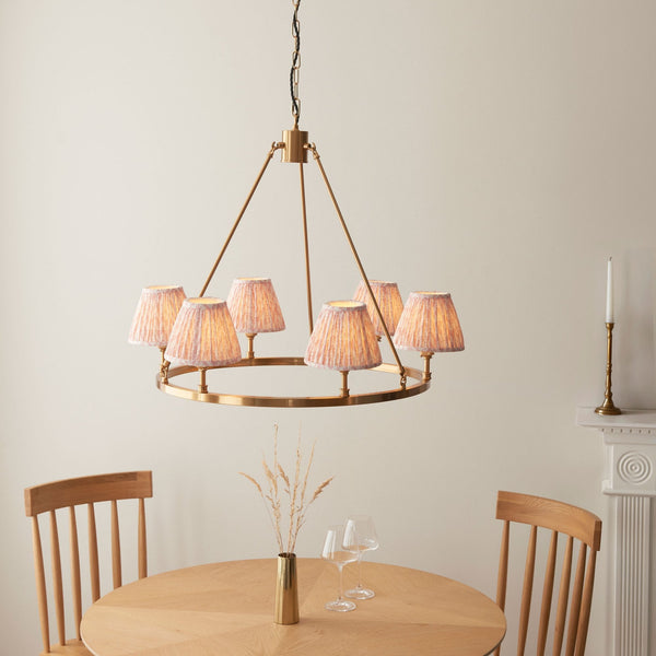 Chester Six Lamp Round Pendant in Aged Brass with Leaf 16cm Peachy Keen Shade