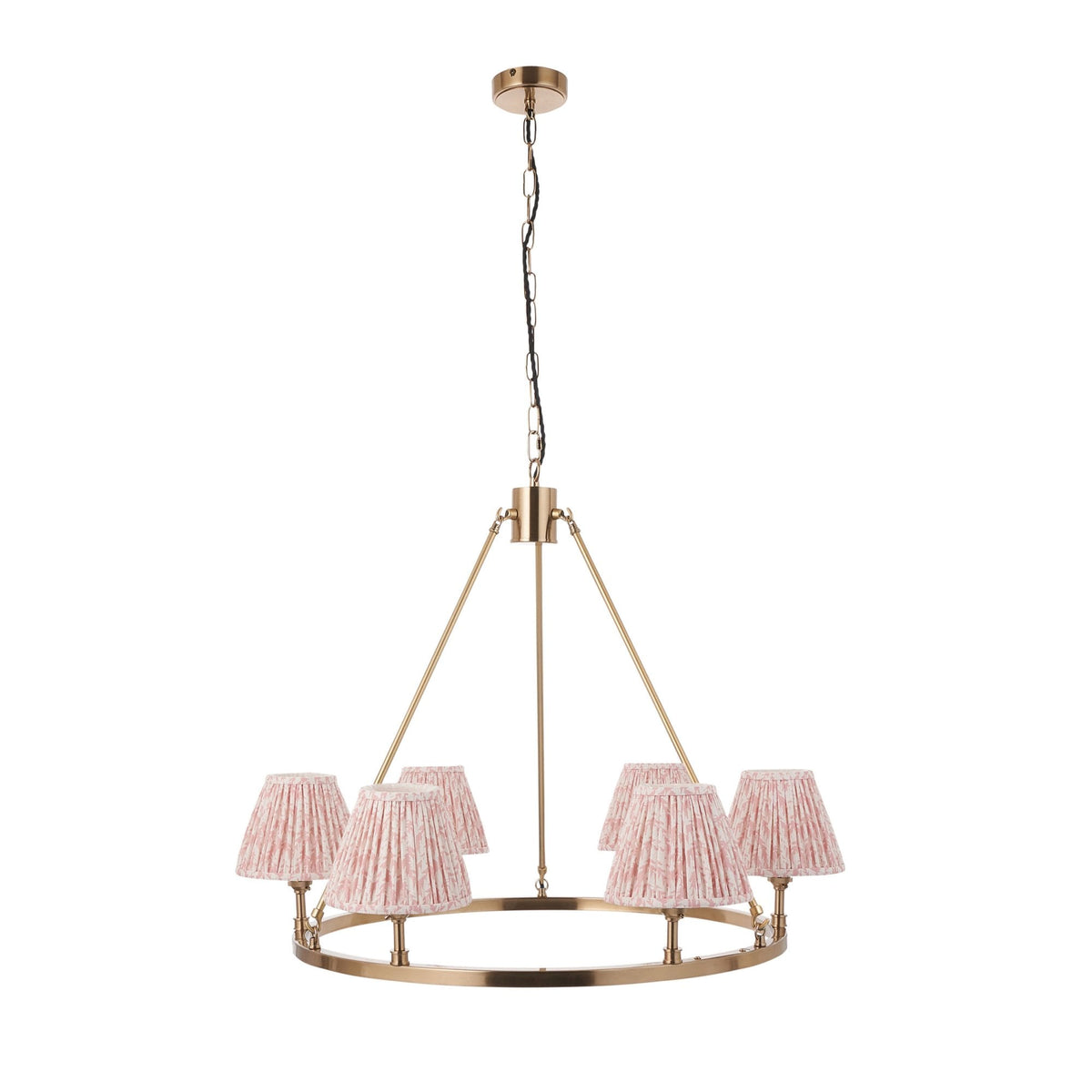 Chester Six Lamp Round Pendant in Aged Brass with Leaf 16cm Peachy Keen Shade
