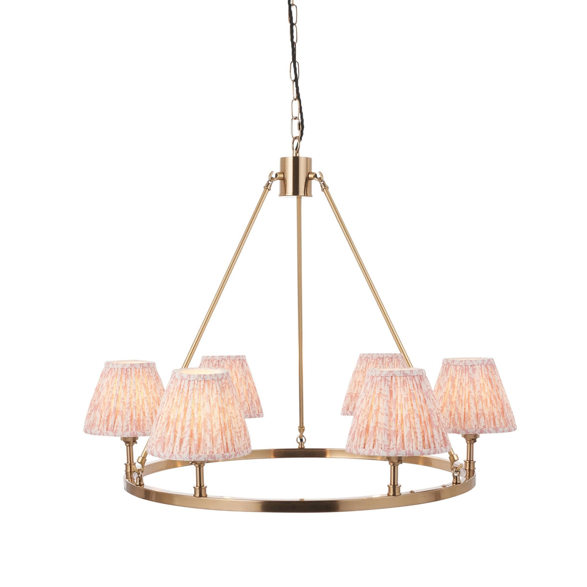 Chester Six Lamp Round Pendant in Aged Brass with Leaf 16cm Peachy Keen Shade