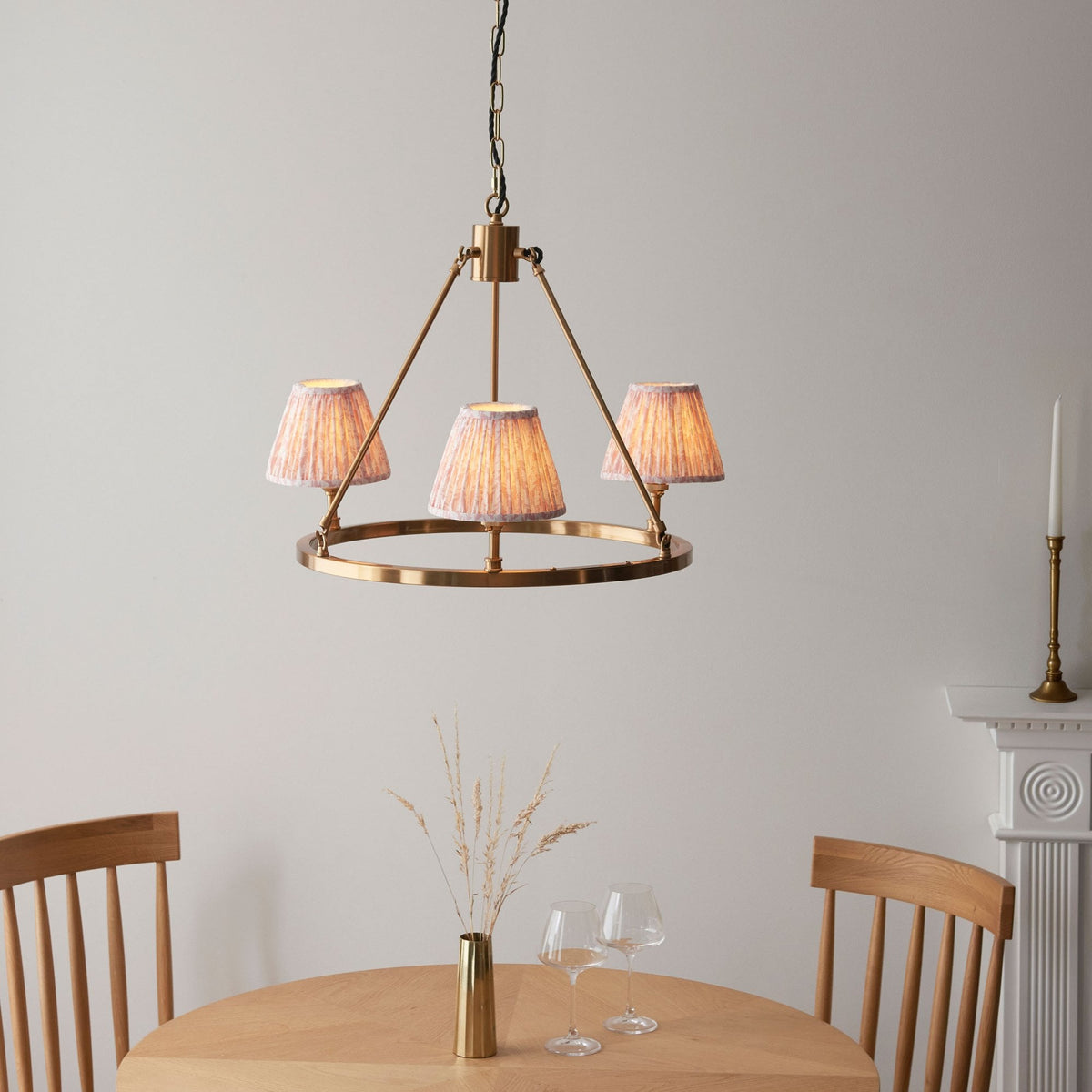 Chester Three Lamp Round Pendant in Aged Brass with Leaf 16cm Peachy Keen Shade