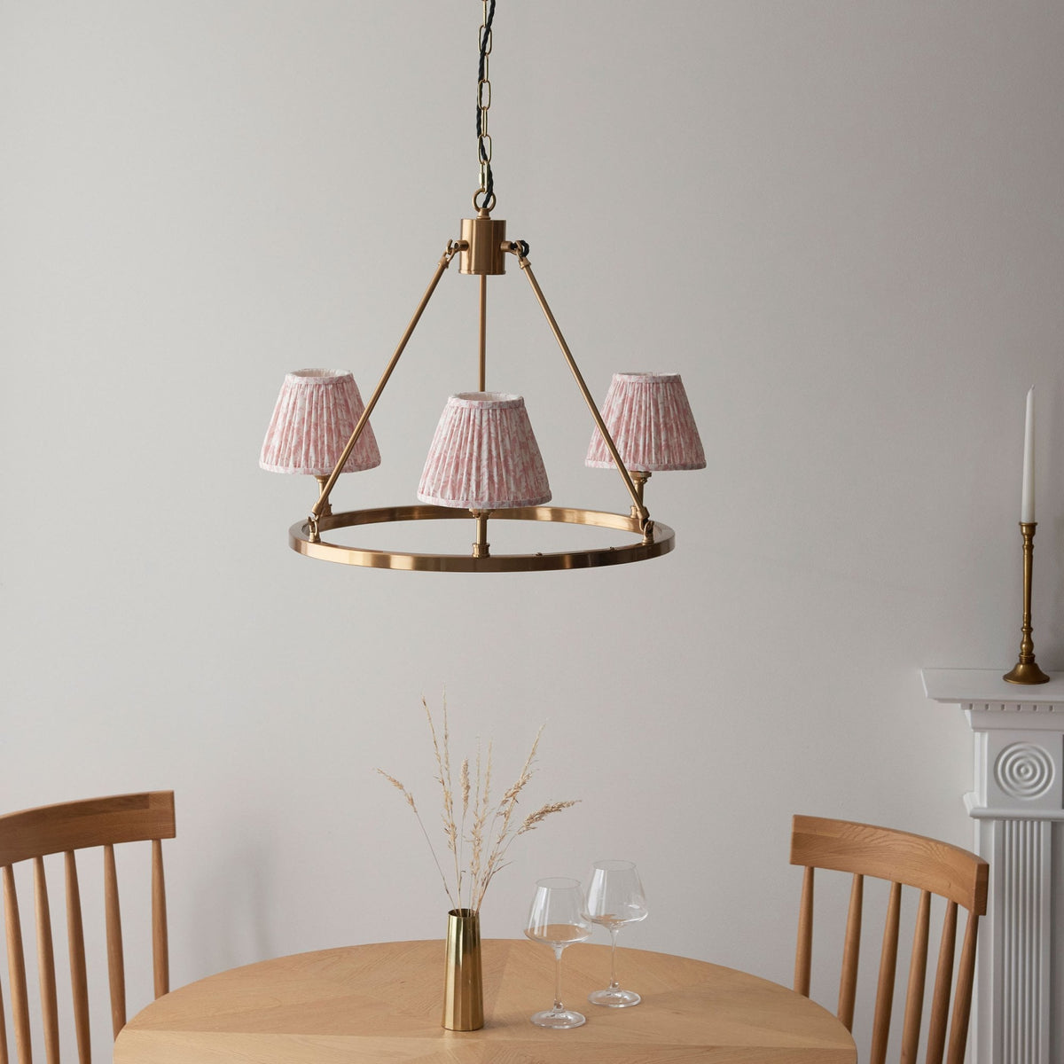 Chester Three Lamp Round Pendant in Aged Brass with Leaf 16cm Peachy Keen Shade