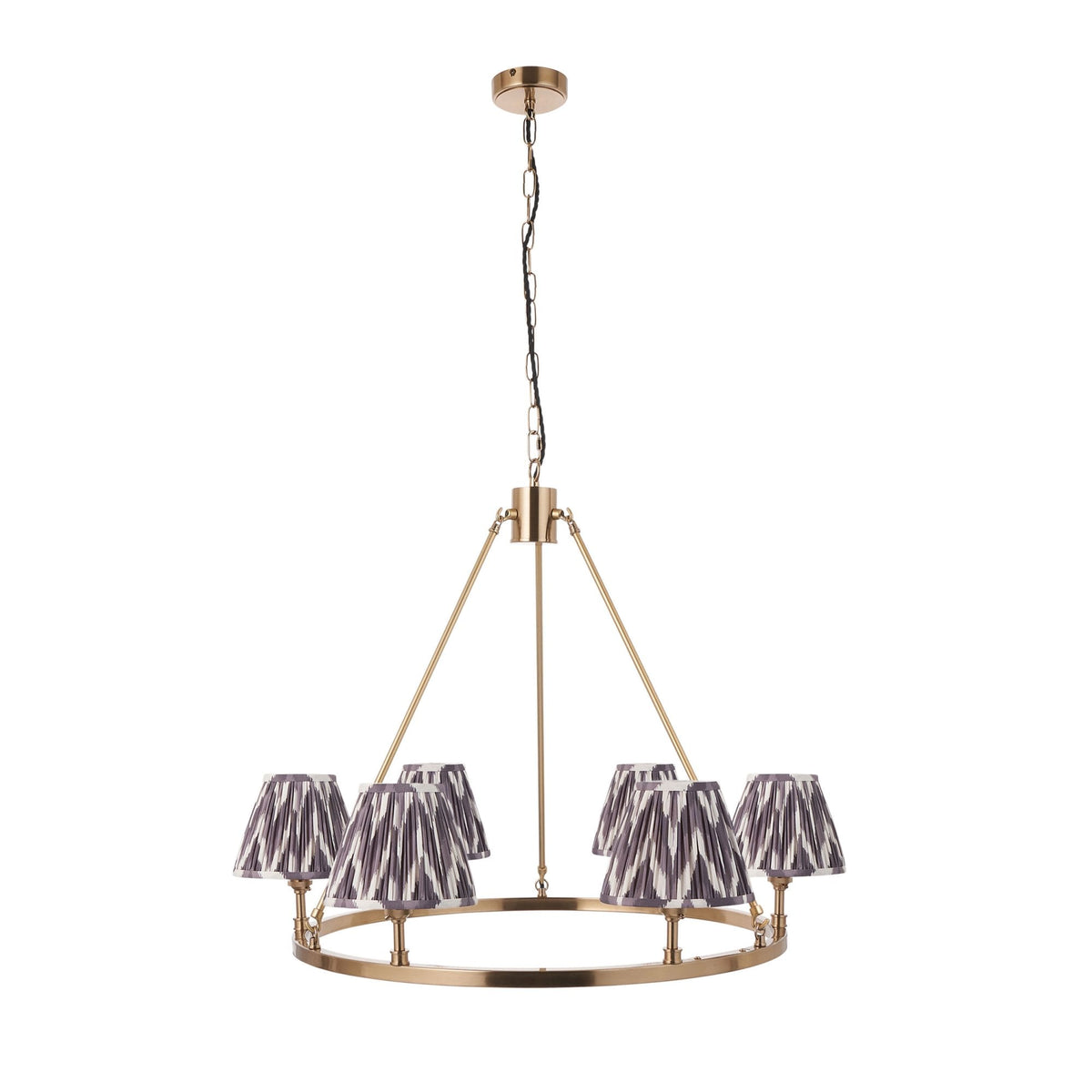 Chester Six Lamp Round Pendant in Aged Brass with Zigzag 16cm Pearl Grey Shade