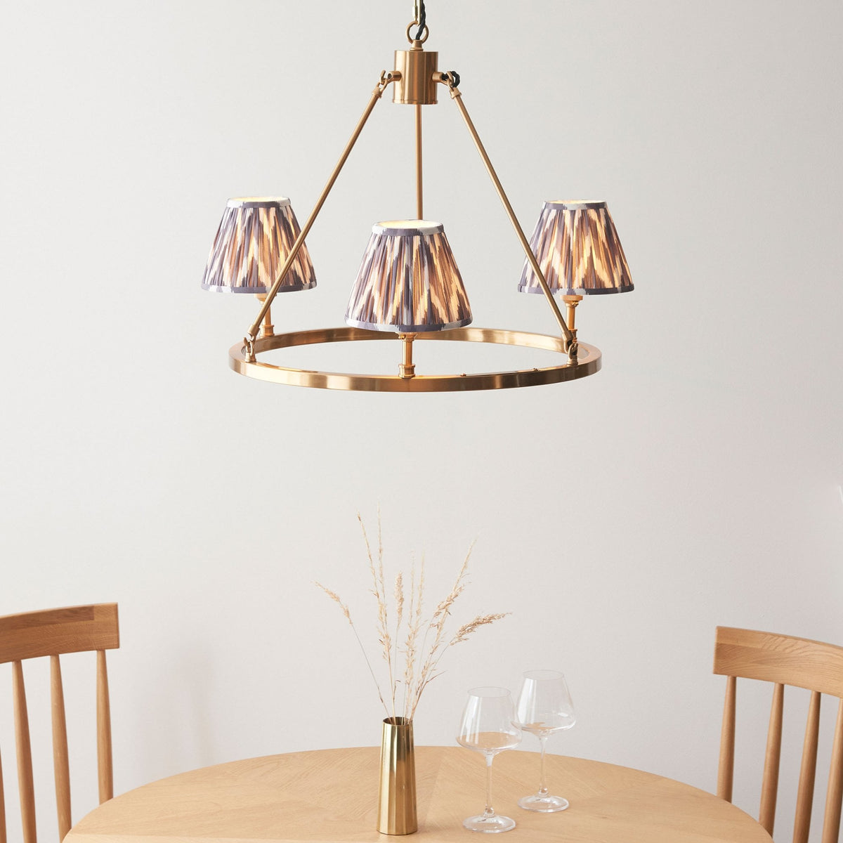 Chester Three Lamp Round Pendant in Aged Brass with Zigzag 16cm Pearl Grey Shade