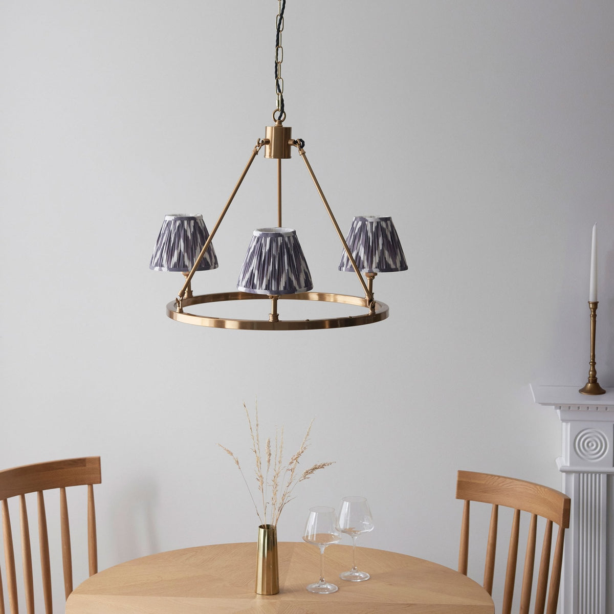 Chester Three Lamp Round Pendant in Aged Brass with Zigzag 16cm Pearl Grey Shade