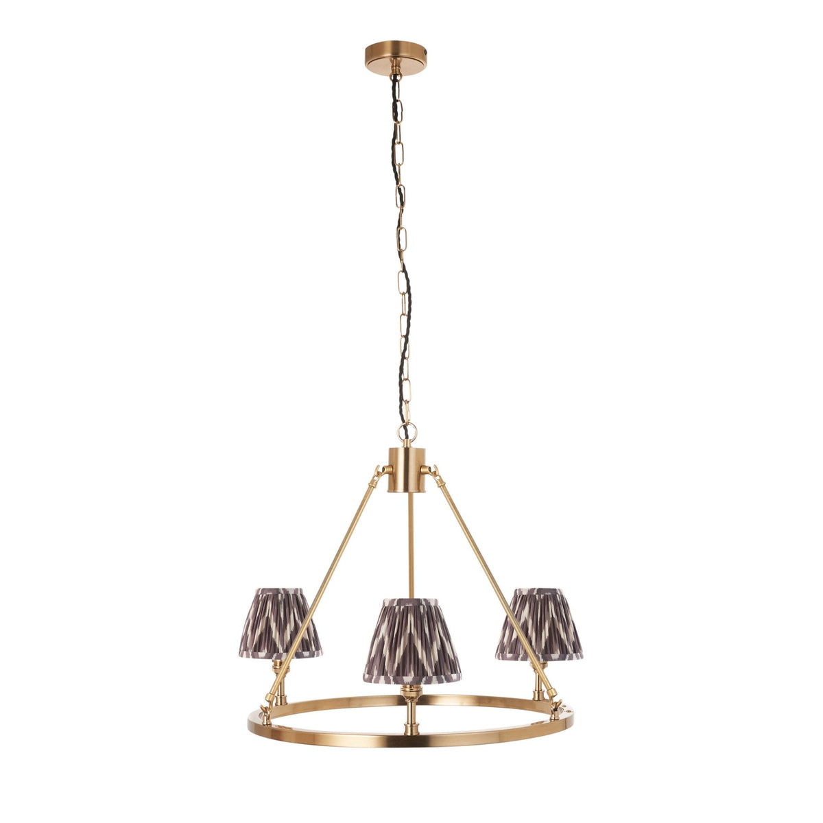 Chester Three Lamp Round Pendant in Aged Brass with Zigzag 16cm Pearl Grey Shade