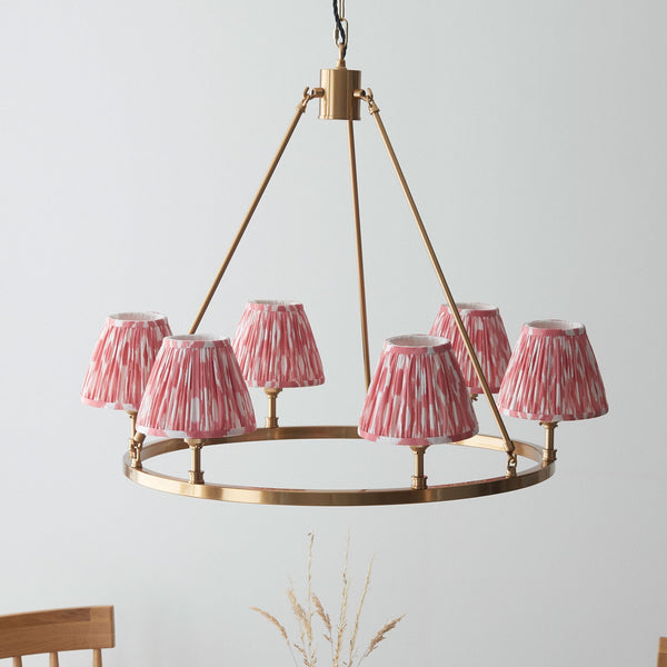 Chester Six Lamp Round Pendant in Aged Brass with Ikat 16cm Coral Pink Shade