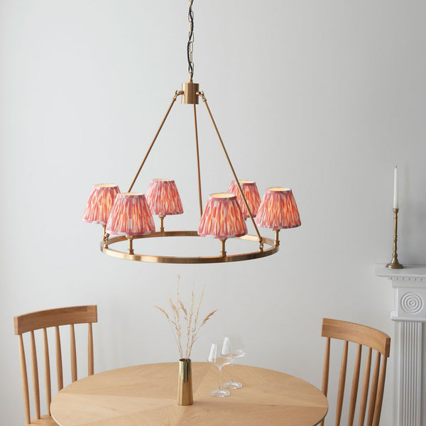 Chester Six Lamp Round Pendant in Aged Brass with Ikat 16cm Coral Pink Shade
