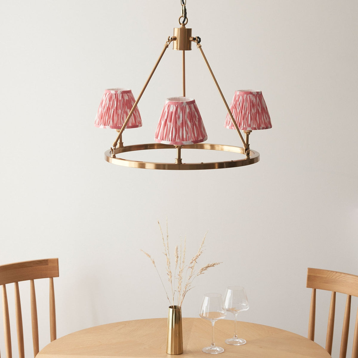 Chester Three Lamp Round Pendant in Aged Brass with Ikat 16cm Coral Pink Shade