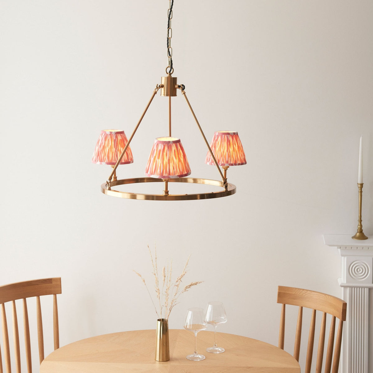 Chester Three Lamp Round Pendant in Aged Brass with Ikat 16cm Coral Pink Shade