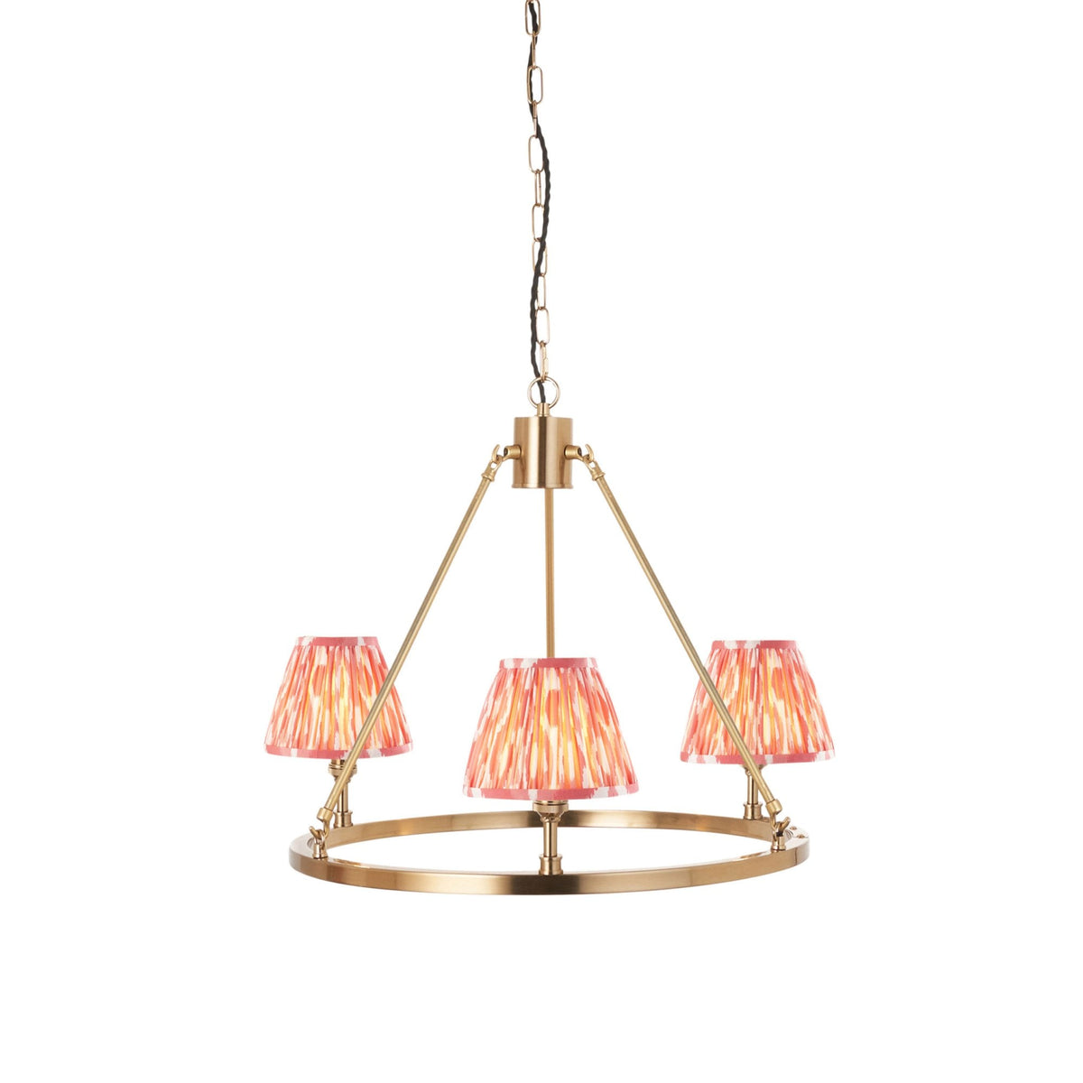 Chester Three Lamp Round Pendant in Aged Brass with Ikat 16cm Coral Pink Shade