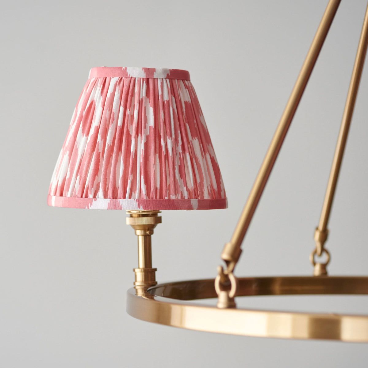 Chester Three Lamp Round Pendant in Aged Brass with Ikat 16cm Coral Pink Shade