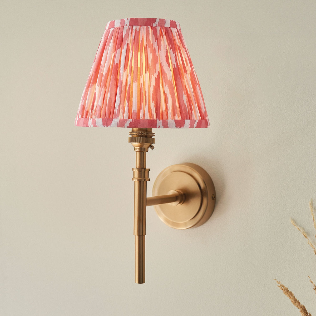 Chester Single Wall Light in Aged Brass with Ikat 16cm Coral Pink Shade
