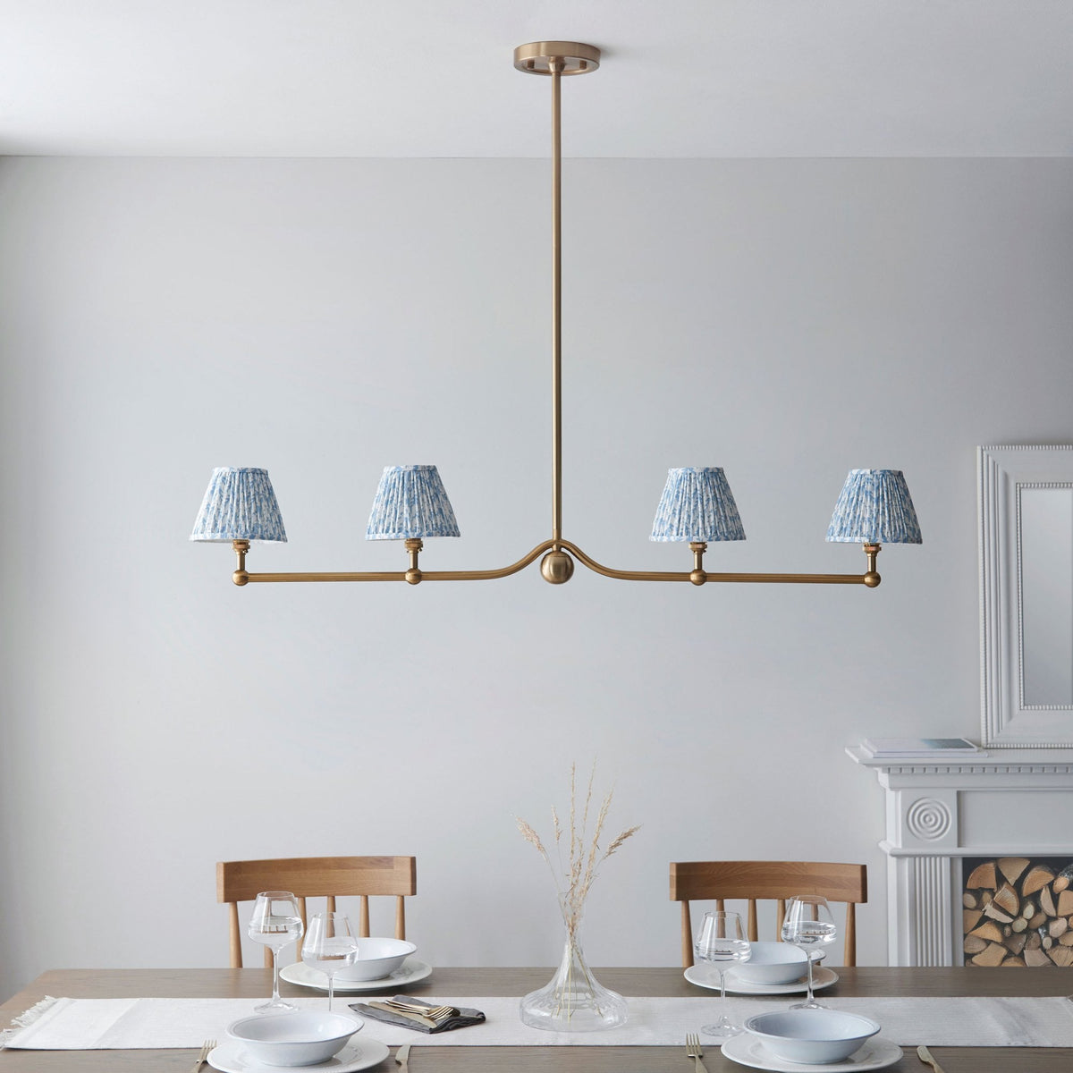 Santiago Four Lamp Linear Pendant in Brushed Aged Brass with Leaf 16cm Shell Bay Blue Shade