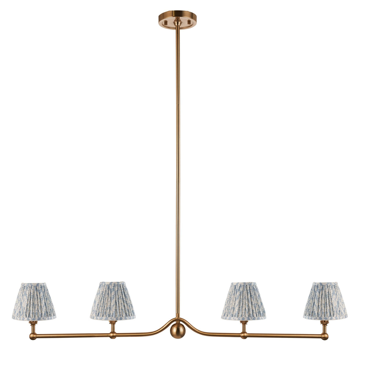 Santiago Four Lamp Linear Pendant in Brushed Aged Brass with Leaf 16cm Shell Bay Blue Shade