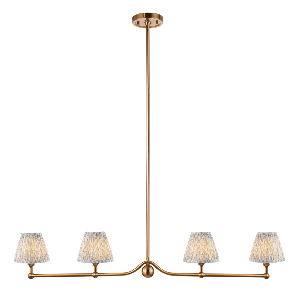 Santiago Four Lamp Linear Pendant in Brushed Aged Brass with Leaf 16cm Shell Bay Blue Shade