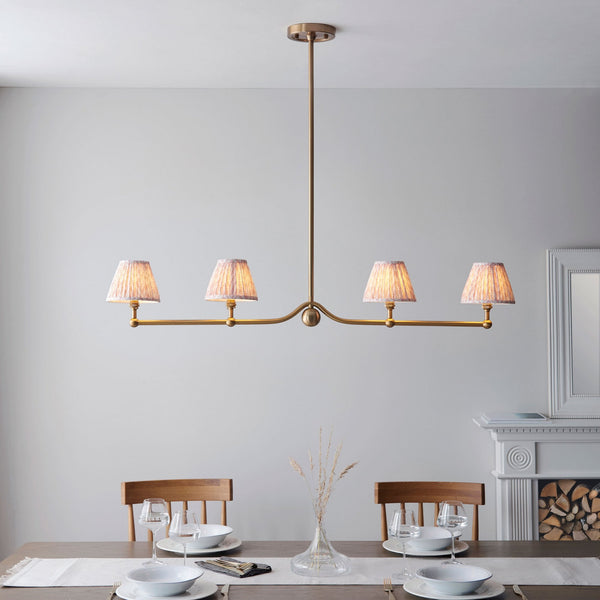 Santiago Four Lamp Linear Pendant in Brushed Aged Brass with Leaf 16cm Peachy Keen Shade