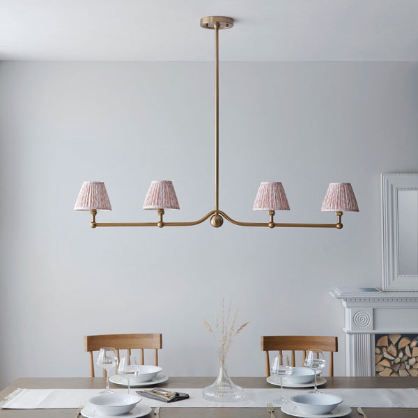 Santiago Four Lamp Linear Pendant in Brushed Aged Brass with Leaf 16cm Peachy Keen Shade