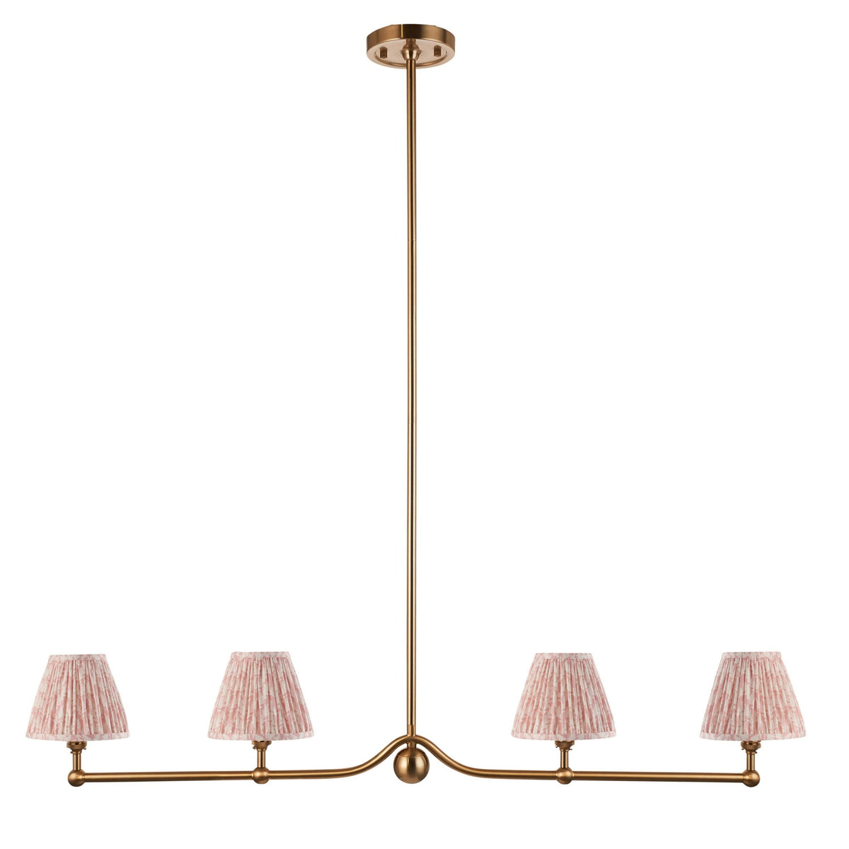 Santiago Four Lamp Linear Pendant in Brushed Aged Brass with Leaf 16cm Peachy Keen Shade