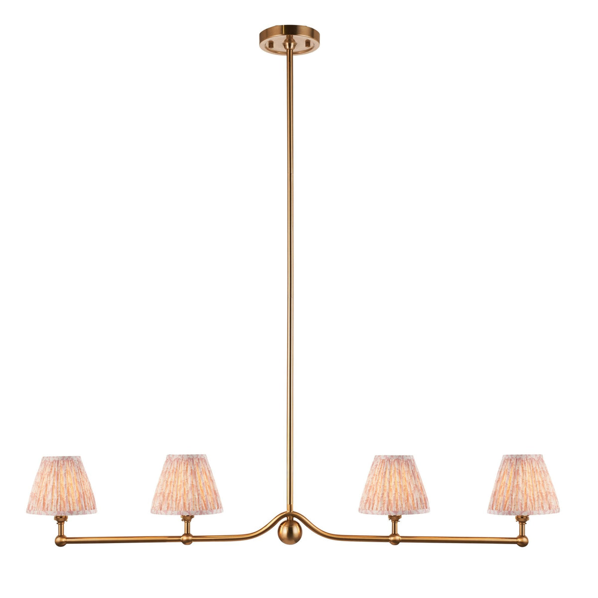 Santiago Four Lamp Linear Pendant in Brushed Aged Brass with Leaf 16cm Peachy Keen Shade