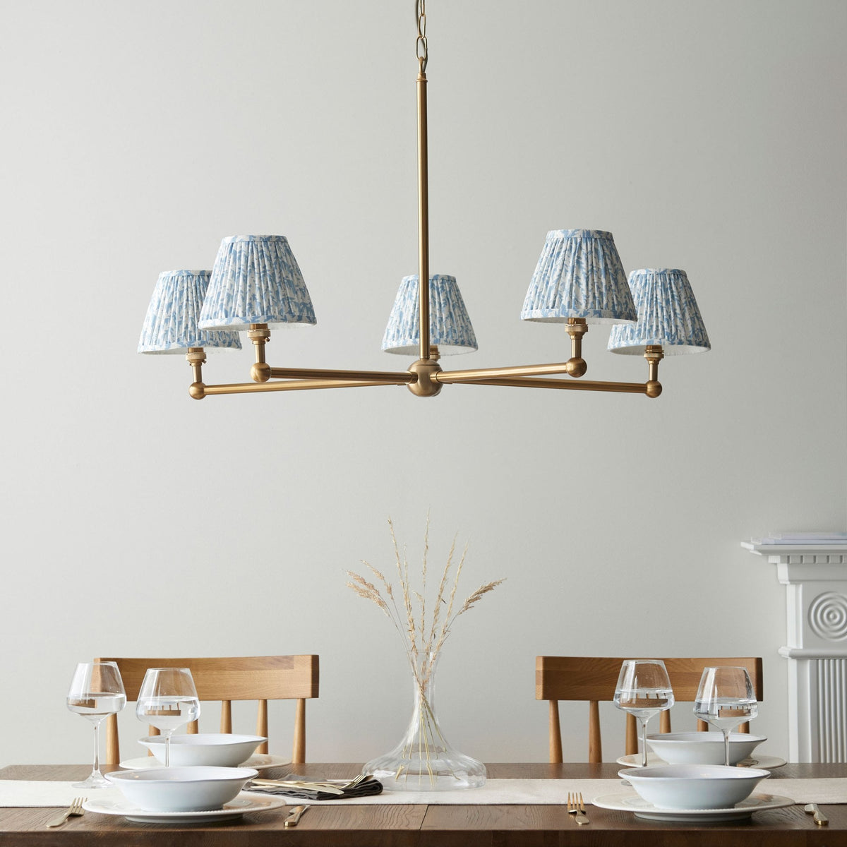 Santiago Five Arm Pendant in Brushed Aged Brass with Leaf 16cm Shell Bay Blue Shade