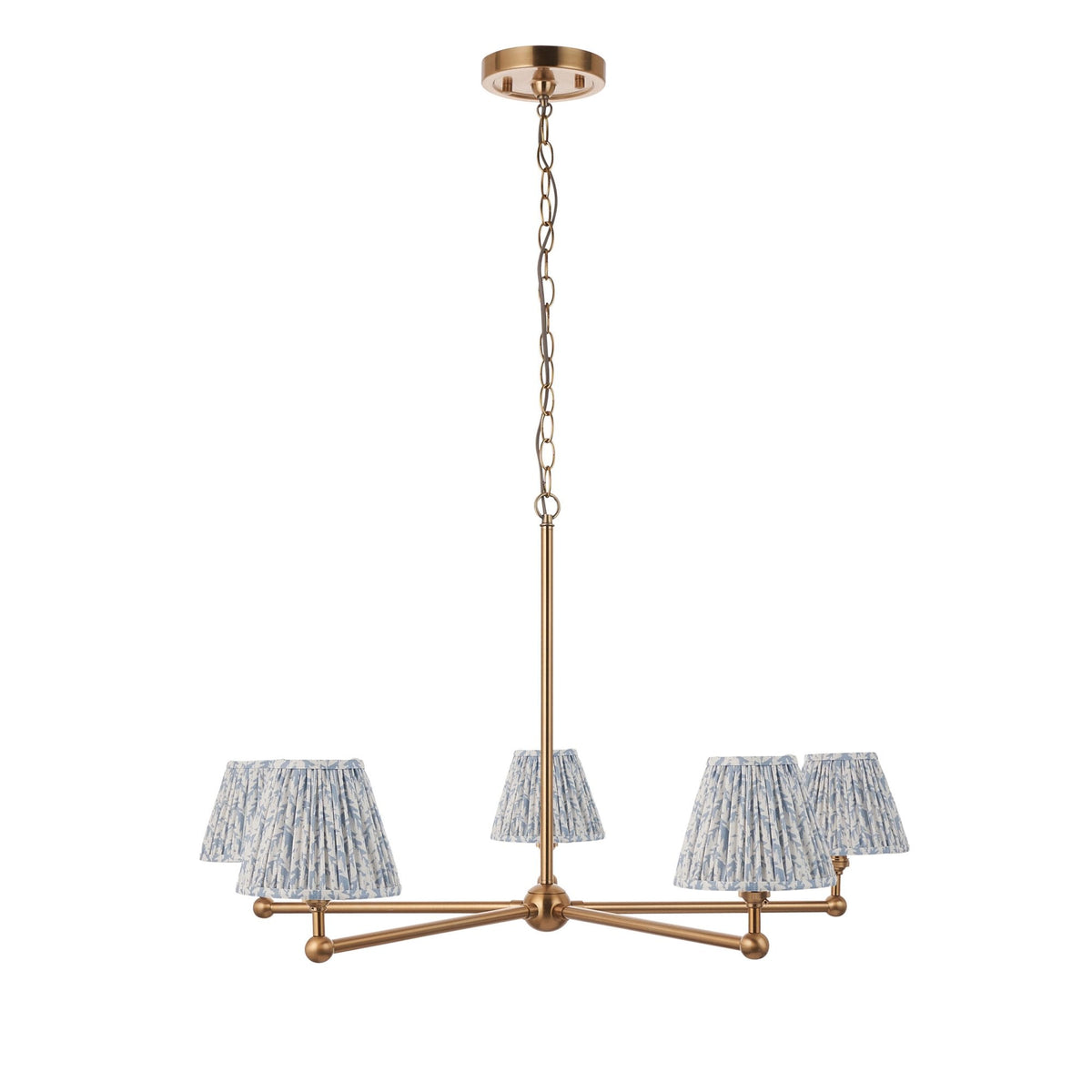 Santiago Five Arm Pendant in Brushed Aged Brass with Leaf 16cm Shell Bay Blue Shade