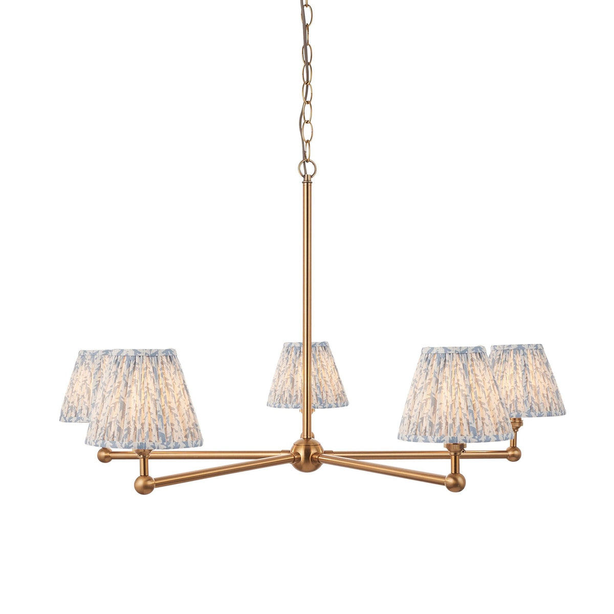 Santiago Five Arm Pendant in Brushed Aged Brass with Leaf 16cm Shell Bay Blue Shade