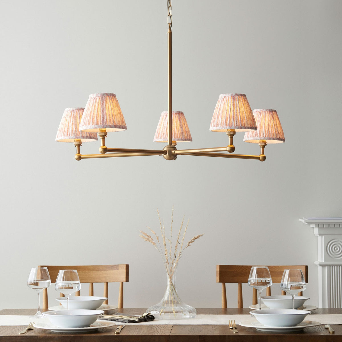 Santiago Five Arm Pendant in Brushed Aged Brass with Leaf 16cm Peachy Keen Shade