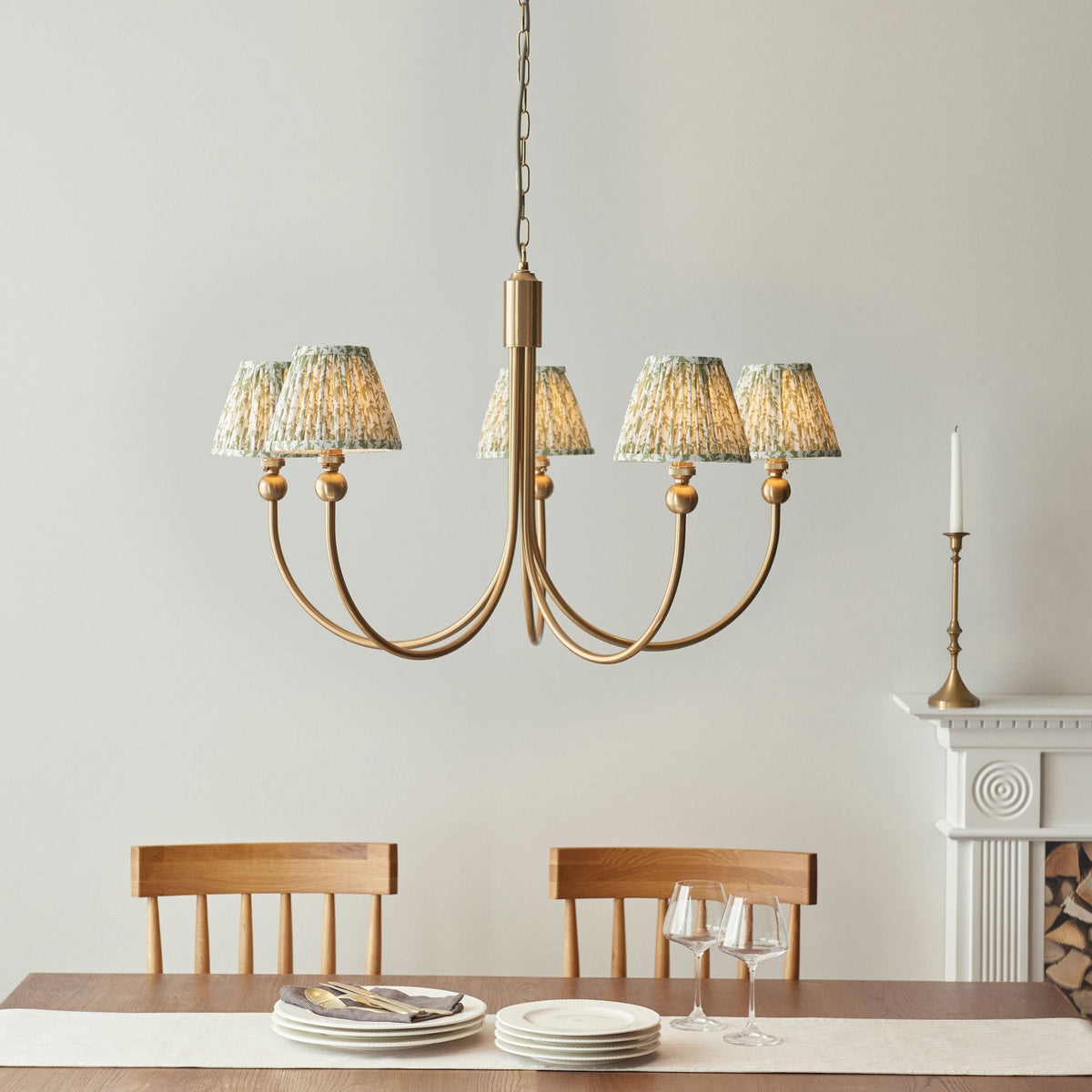 Santiago Curved Five Arm Pendant in Brushed Aged Brass with Leaf 16cm Herb Garden Green Shade