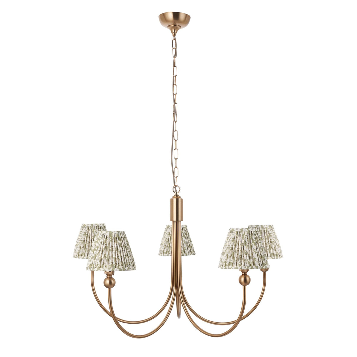 Santiago Curved Five Arm Pendant in Brushed Aged Brass with Leaf 16cm Herb Garden Green Shade