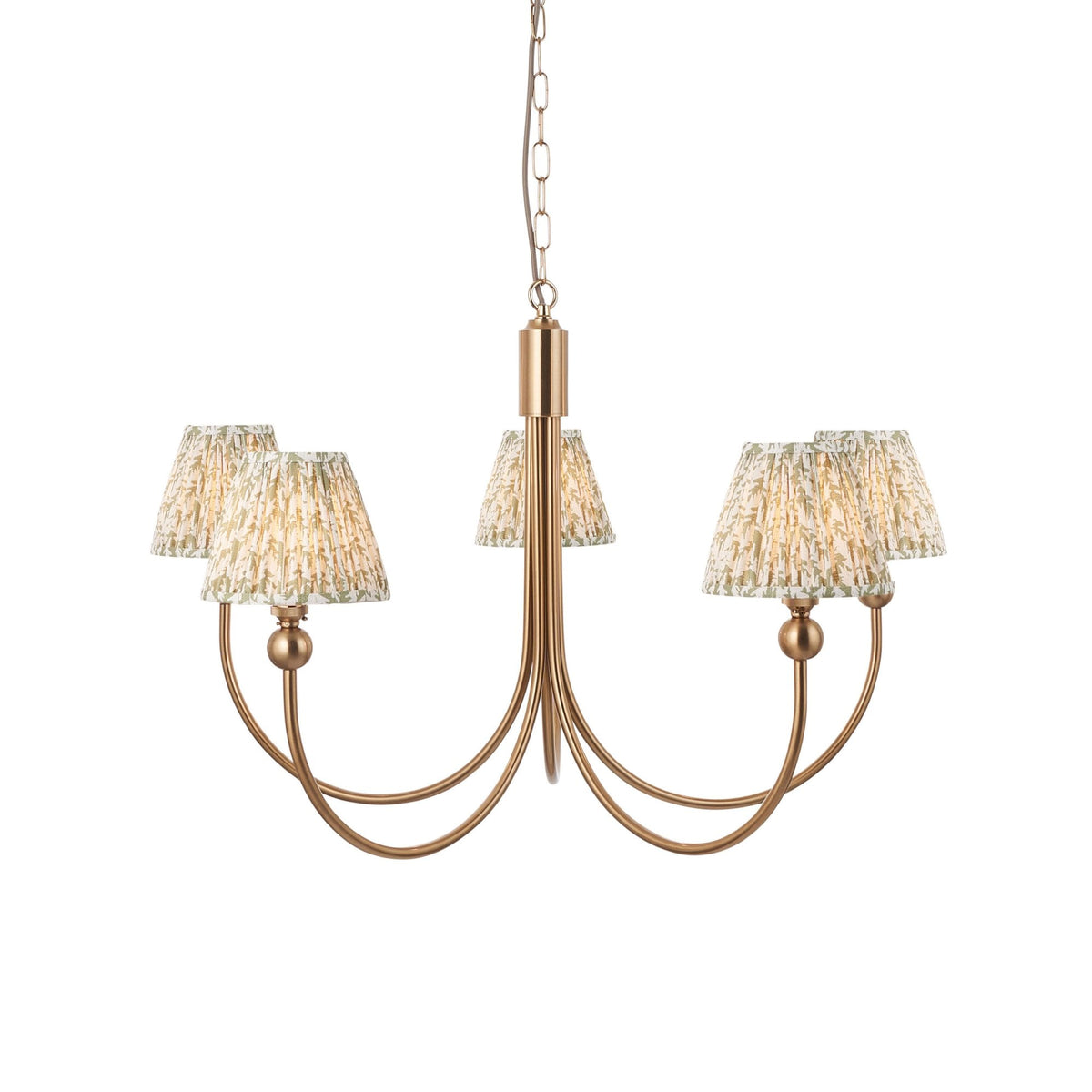 Santiago Curved Five Arm Pendant in Brushed Aged Brass with Leaf 16cm Herb Garden Green Shade