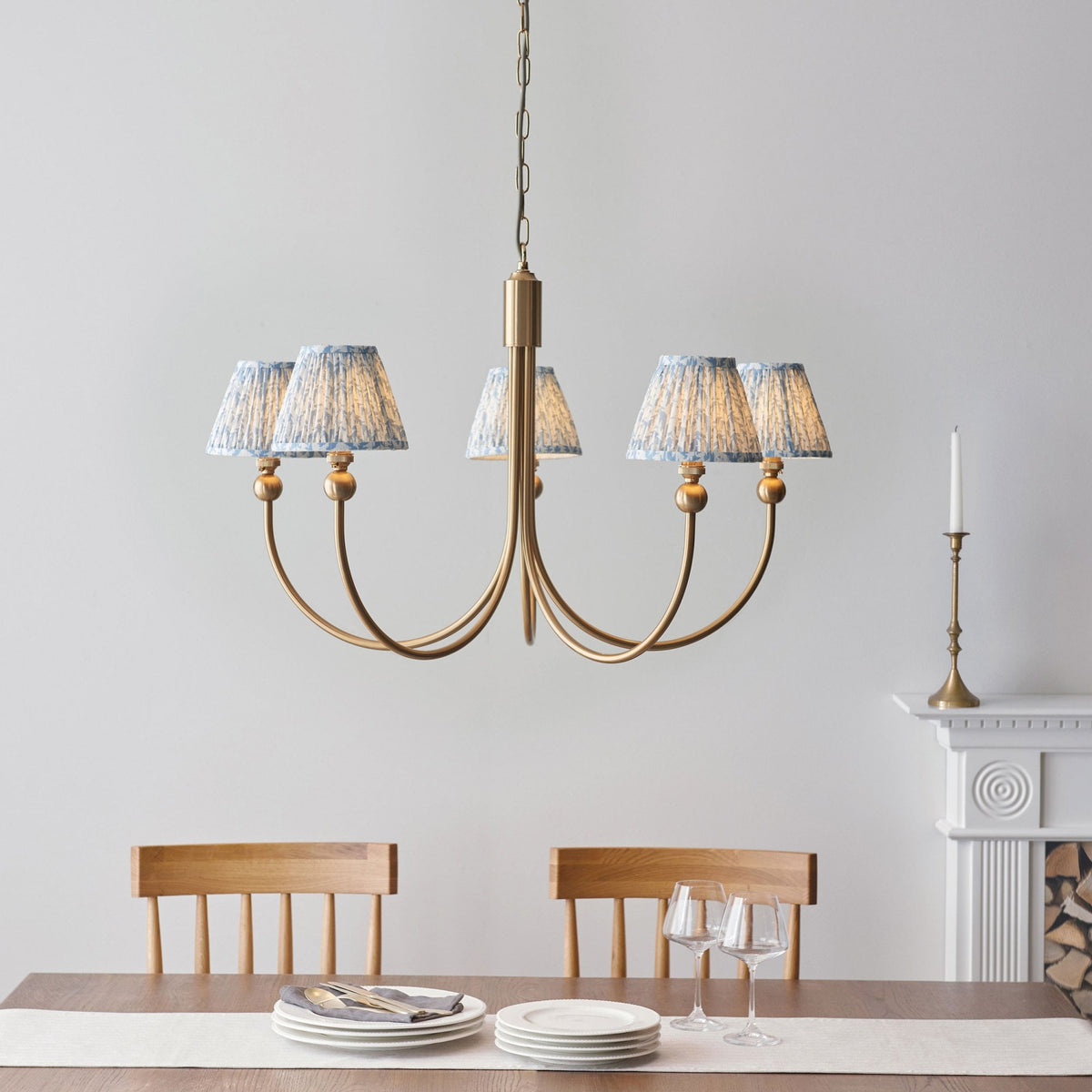 Santiago Curved Five Arm Pendant in Brushed Aged Brass with Leaf 16cm Shell Bay Blue Shade