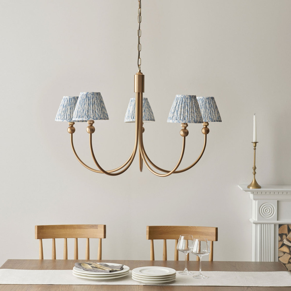Santiago Curved Five Arm Pendant in Brushed Aged Brass with Leaf 16cm Shell Bay Blue Shade