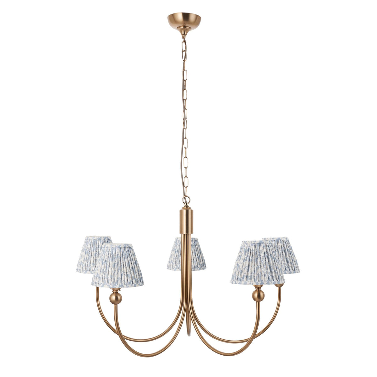 Santiago Curved Five Arm Pendant in Brushed Aged Brass with Leaf 16cm Shell Bay Blue Shade