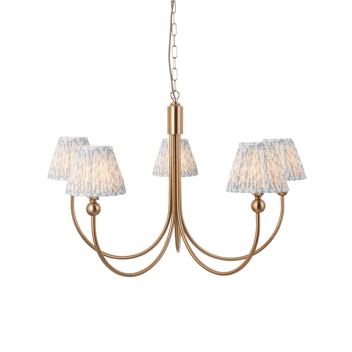Santiago Curved Five Arm Pendant in Brushed Aged Brass with Leaf 16cm Shell Bay Blue Shade