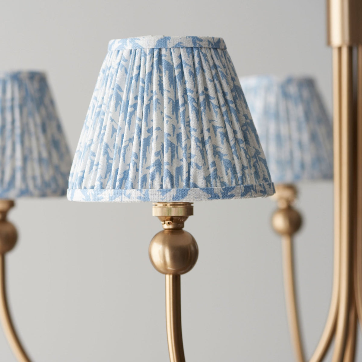 Santiago Curved Five Arm Pendant in Brushed Aged Brass with Leaf 16cm Shell Bay Blue Shade