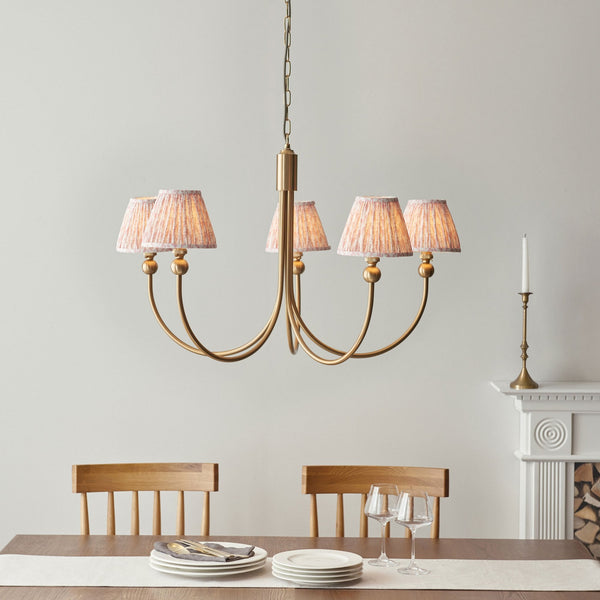 Santiago Curved Five Arm Pendant in Brushed Aged Brass with Leaf 16cm Peachy Keen Shade