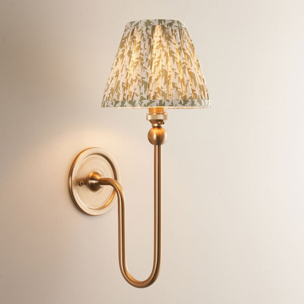 Santiago Curved Wall Light in Brushed Aged Brass with Leaf 16cm Herb Garden Green Shade