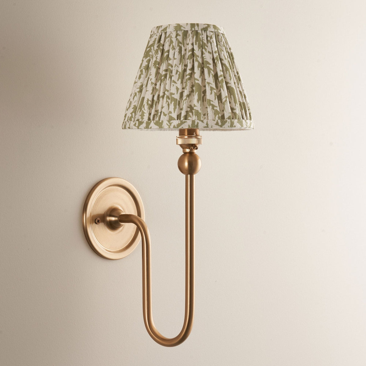 Santiago Curved Wall Light in Brushed Aged Brass with Leaf 16cm Herb Garden Green Shade