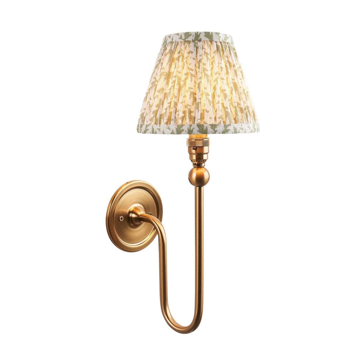 Santiago Curved Wall Light in Brushed Aged Brass with Leaf 16cm Herb Garden Green Shade