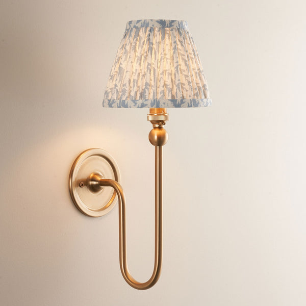 Santiago Curved Wall Light in Brushed Aged Brass with Leaf 16cm Shell Bay Blue Shade