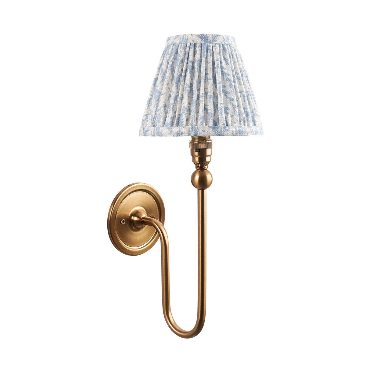 Santiago Curved Wall Light in Brushed Aged Brass with Leaf 16cm Shell Bay Blue Shade