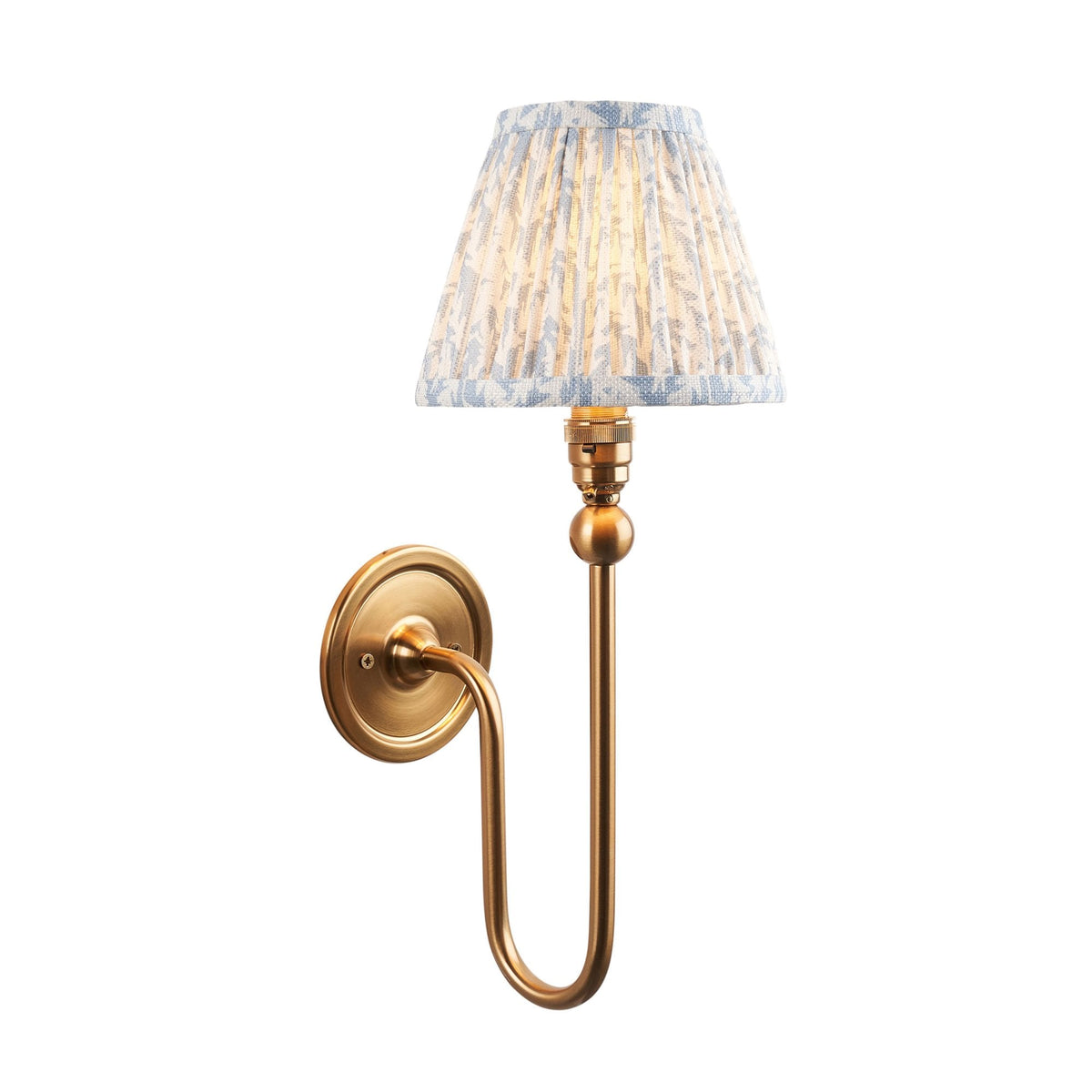 Santiago Curved Wall Light in Brushed Aged Brass with Leaf 16cm Shell Bay Blue Shade