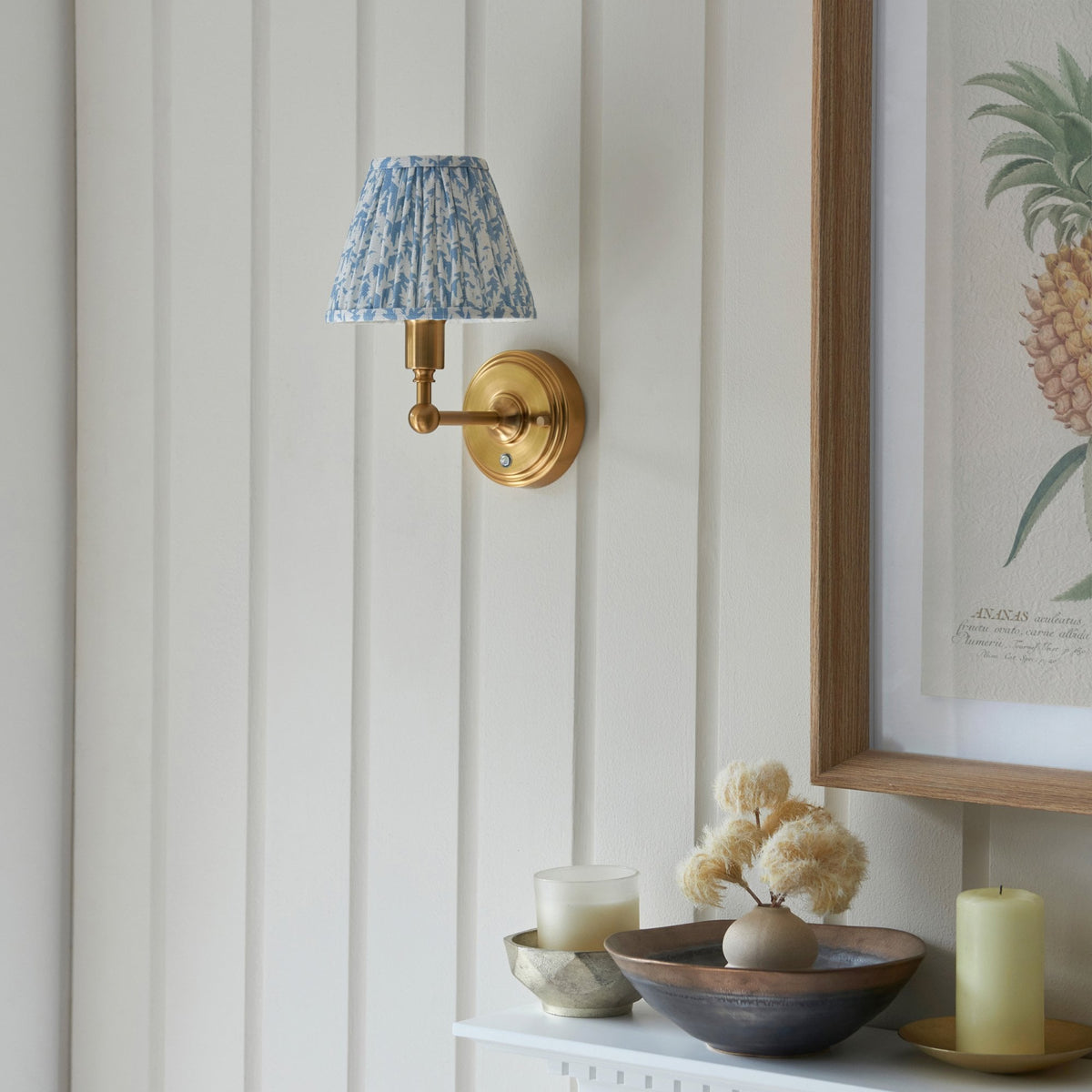 Burley Rechargeable Wall Light in Brushed Aged Brass with Leaf 16cm Shell Bay Blue Shade