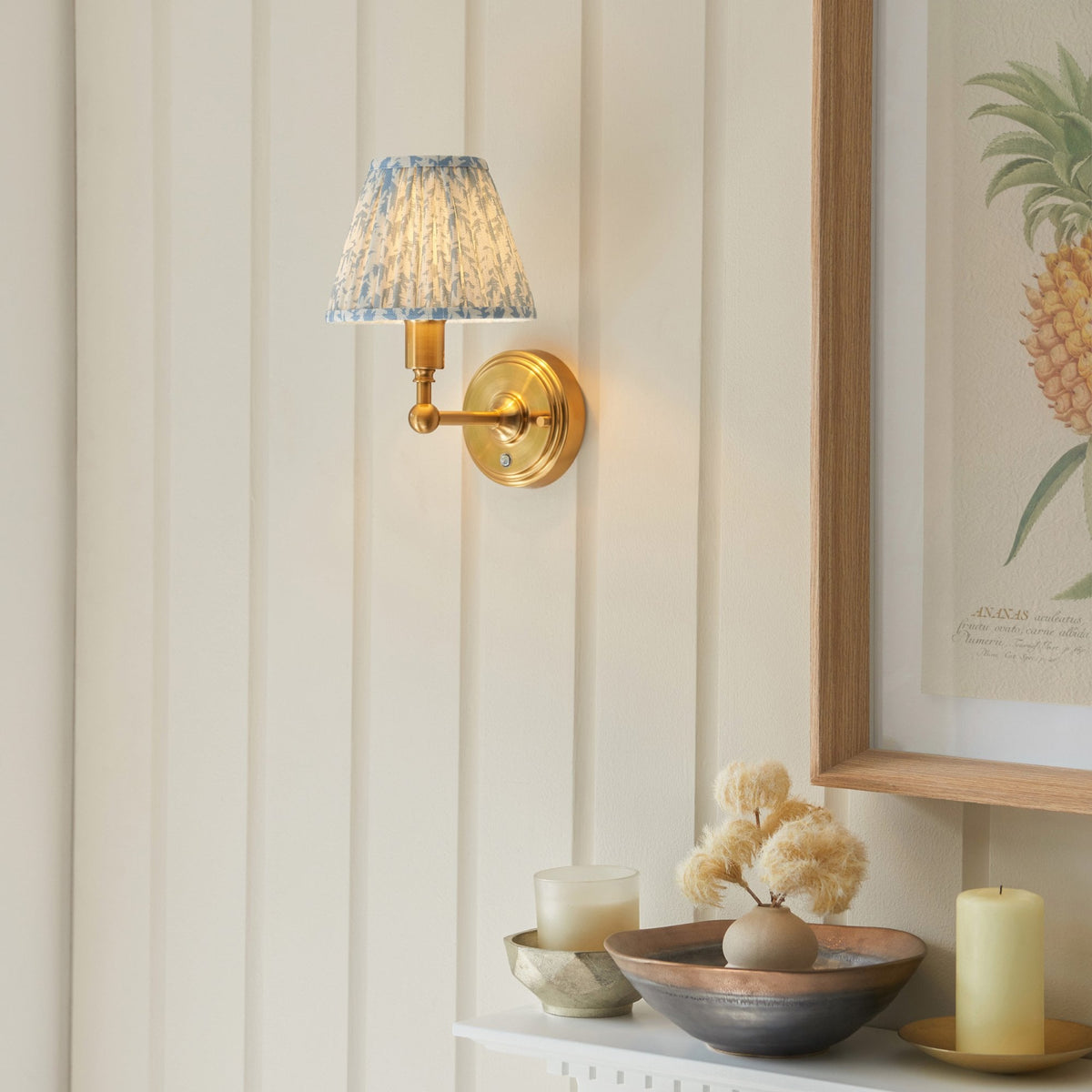 Burley Rechargeable Wall Light in Brushed Aged Brass with Leaf 16cm Shell Bay Blue Shade