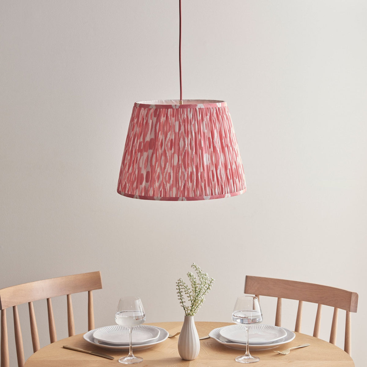 Eltham Single Drop Pendant with Ikat 40cm Coral Pink Shade and Red Braided Cable