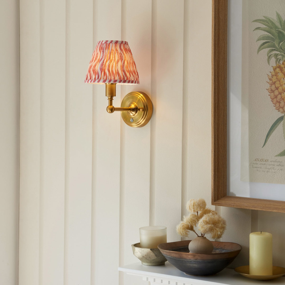 Burley Rechargeable Wall Light in Brushed Aged Brass with Ripple 16cm Coral Pink Shade