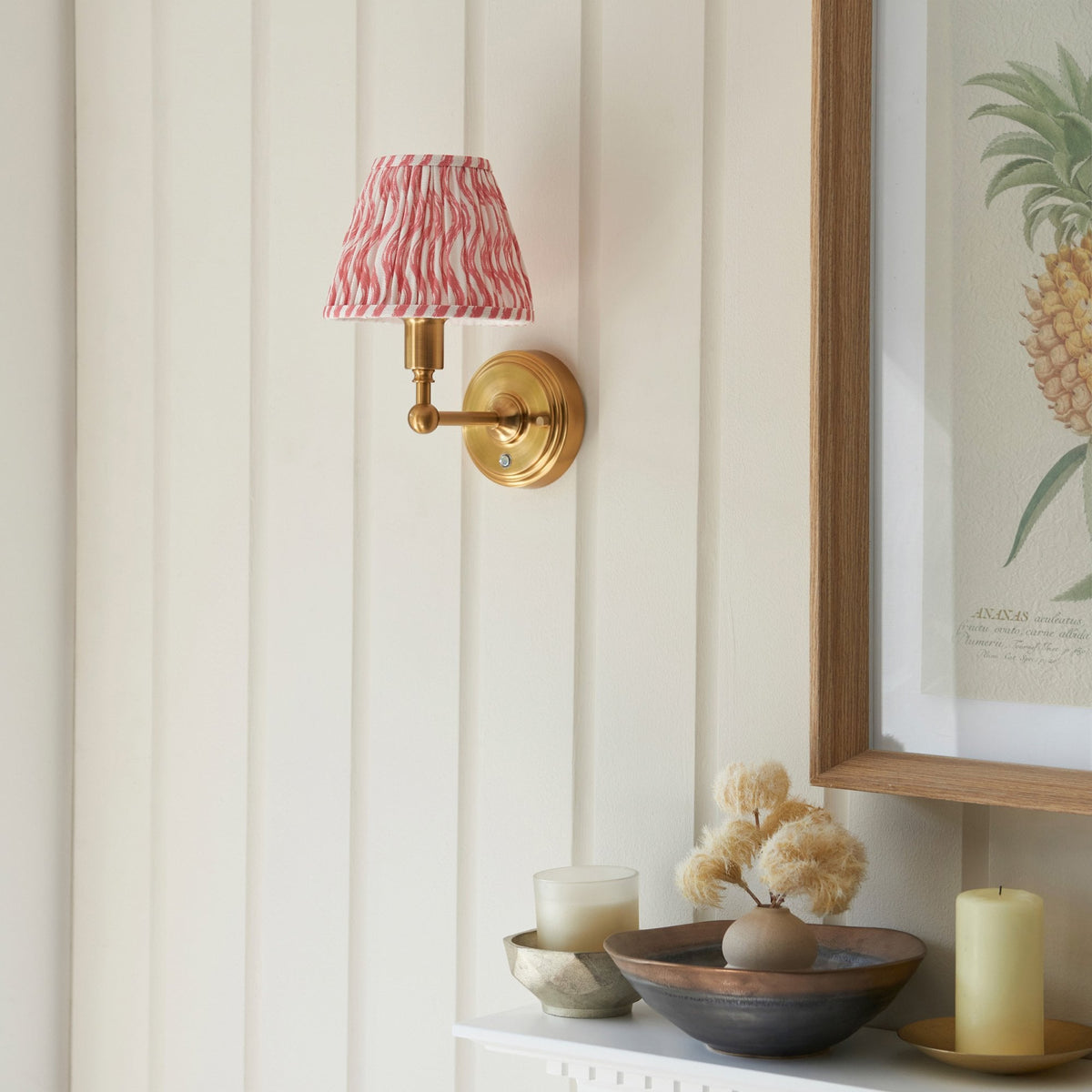 Burley Rechargeable Wall Light in Brushed Aged Brass with Ripple 16cm Coral Pink Shade