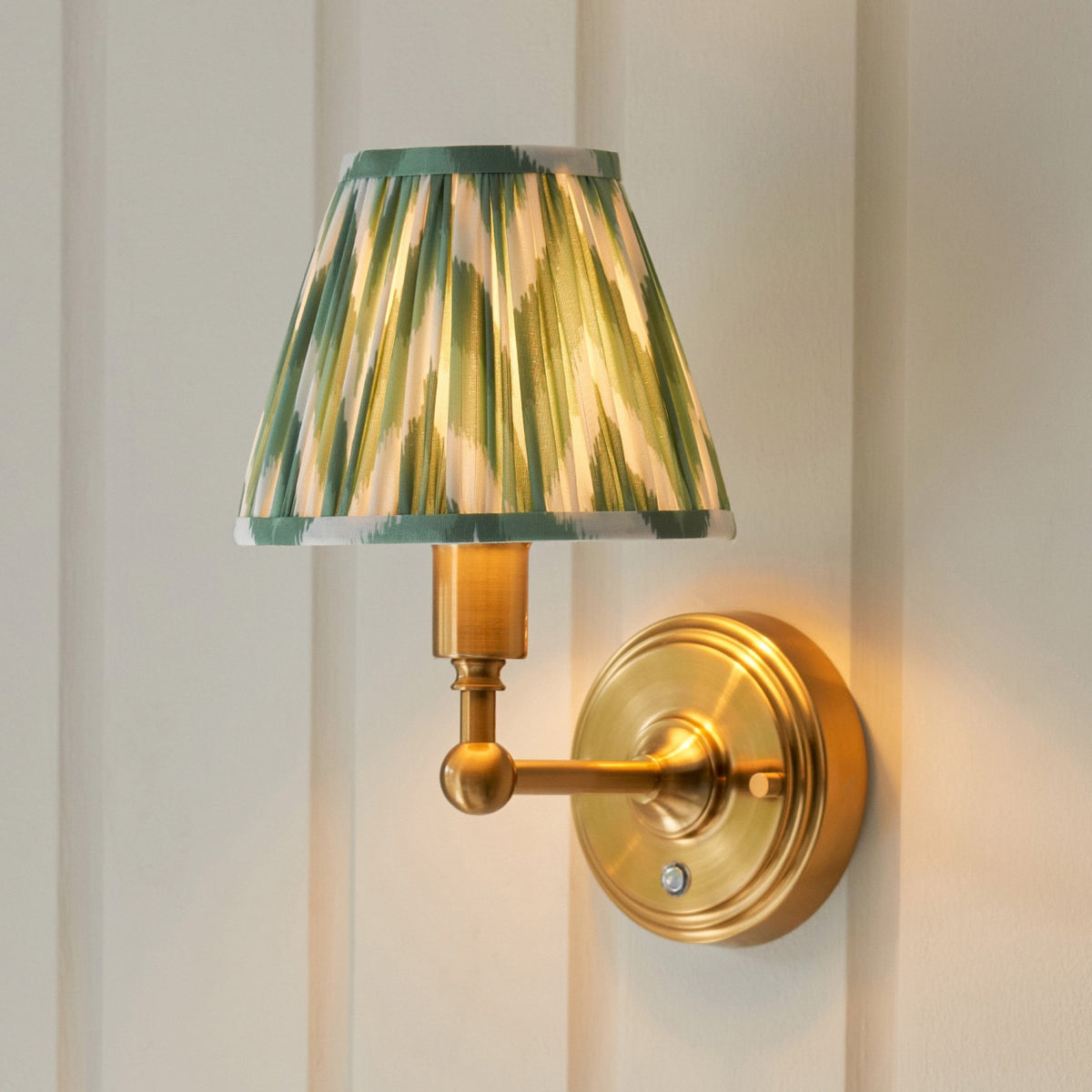 Burley Rechargeable Wall Light in Brushed Aged Brass with Zigzag 16cm Cotswold Green Shade