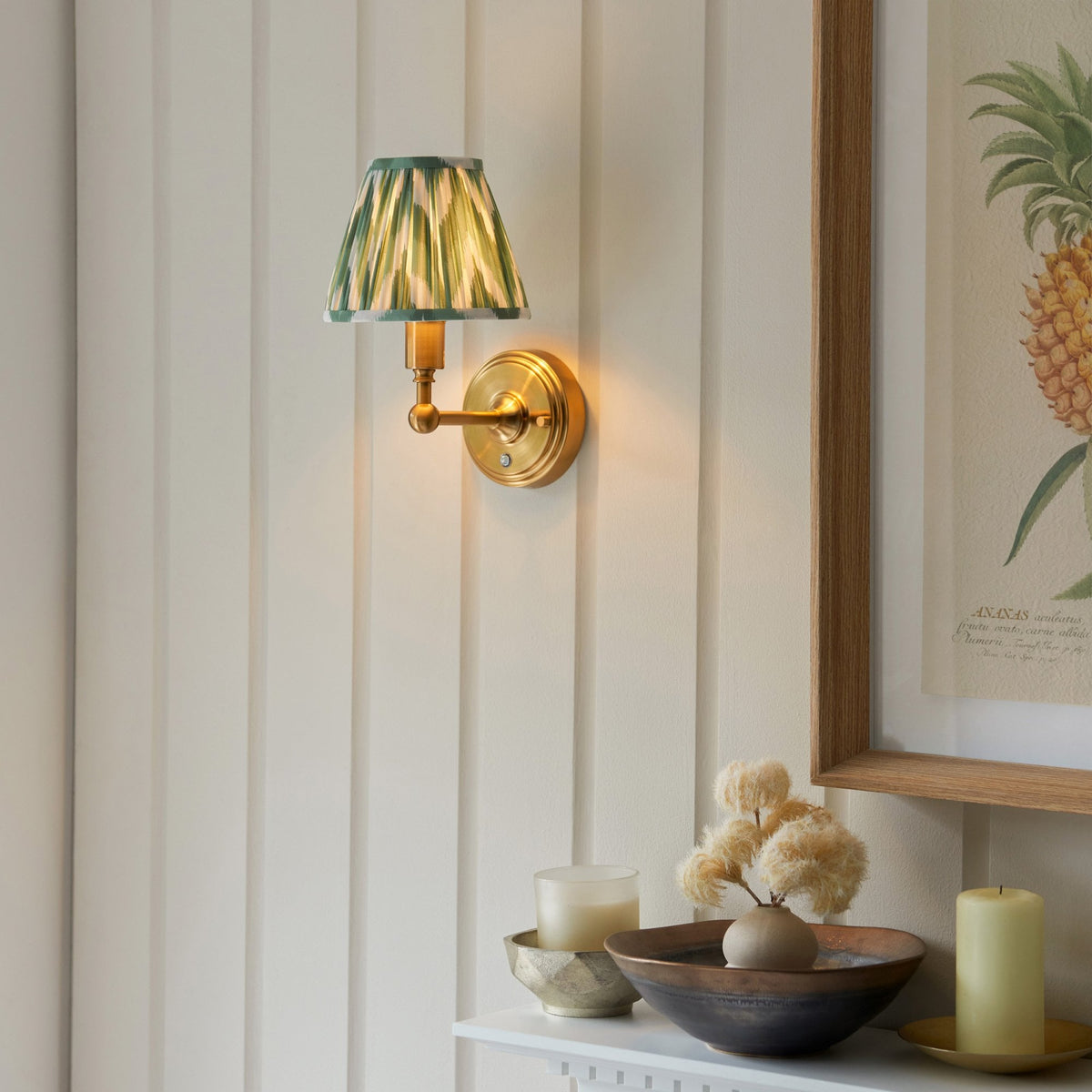 Burley Rechargeable Wall Light in Brushed Aged Brass with Zigzag 16cm Cotswold Green Shade
