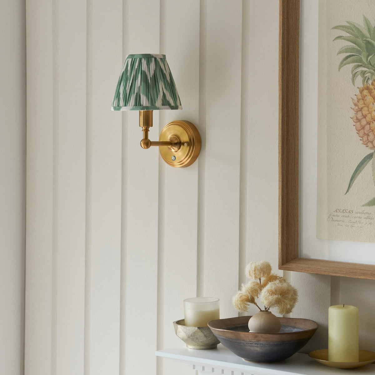 Burley Rechargeable Wall Light in Brushed Aged Brass with Zigzag 16cm Cotswold Green Shade